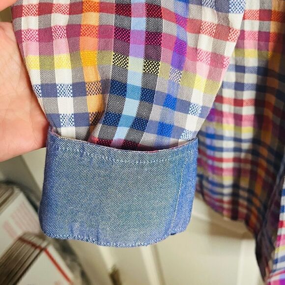 Southern Pines Plaid Button Up Shirt Chambray Trim Blue Pink M - Picture 5 of 8